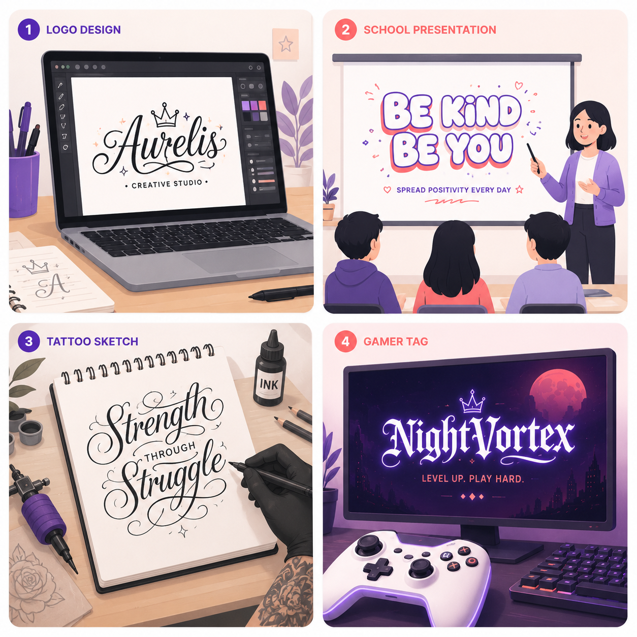Collage of fancy text used in a logo draft, school slide, tattoo sketch and gamer tag