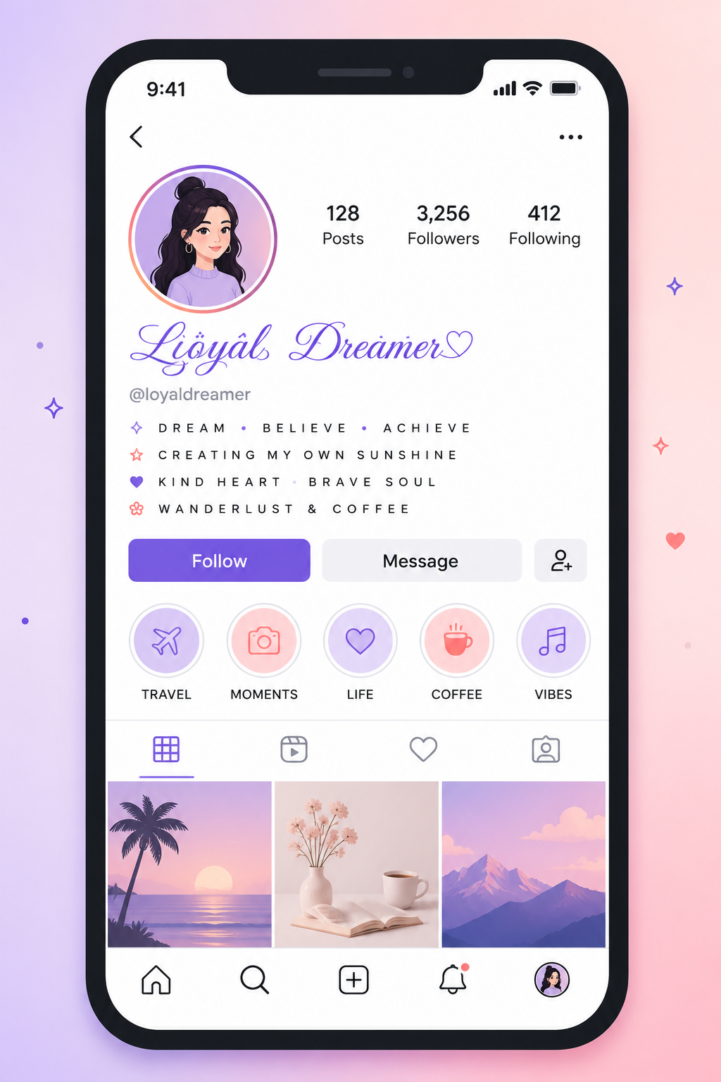 Phone mockup of a social profile with a cursive display name and small caps bio